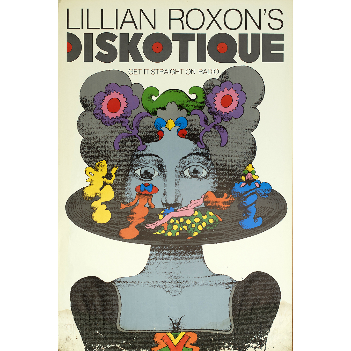 Woman with album spinning around her head with colorful figures